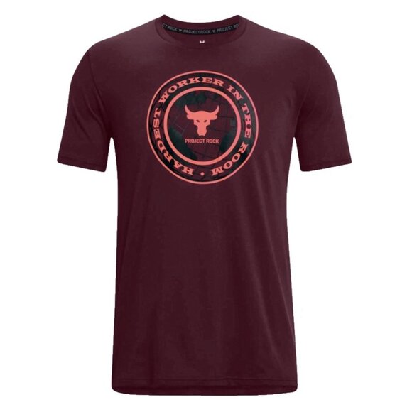Under Armour Project Rock Shirt Mens Sz M Burgundy Hardest Worker Gym Fitness - Picture 1 of 12